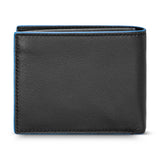 Black genuine leather bifold wallet with pebbled texture and vibrant blue edges.