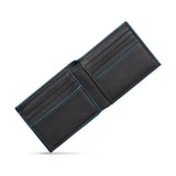 Open black genuine leather bi-fold wallet with pebbled texture, bright blue trim, and multiple card slots.