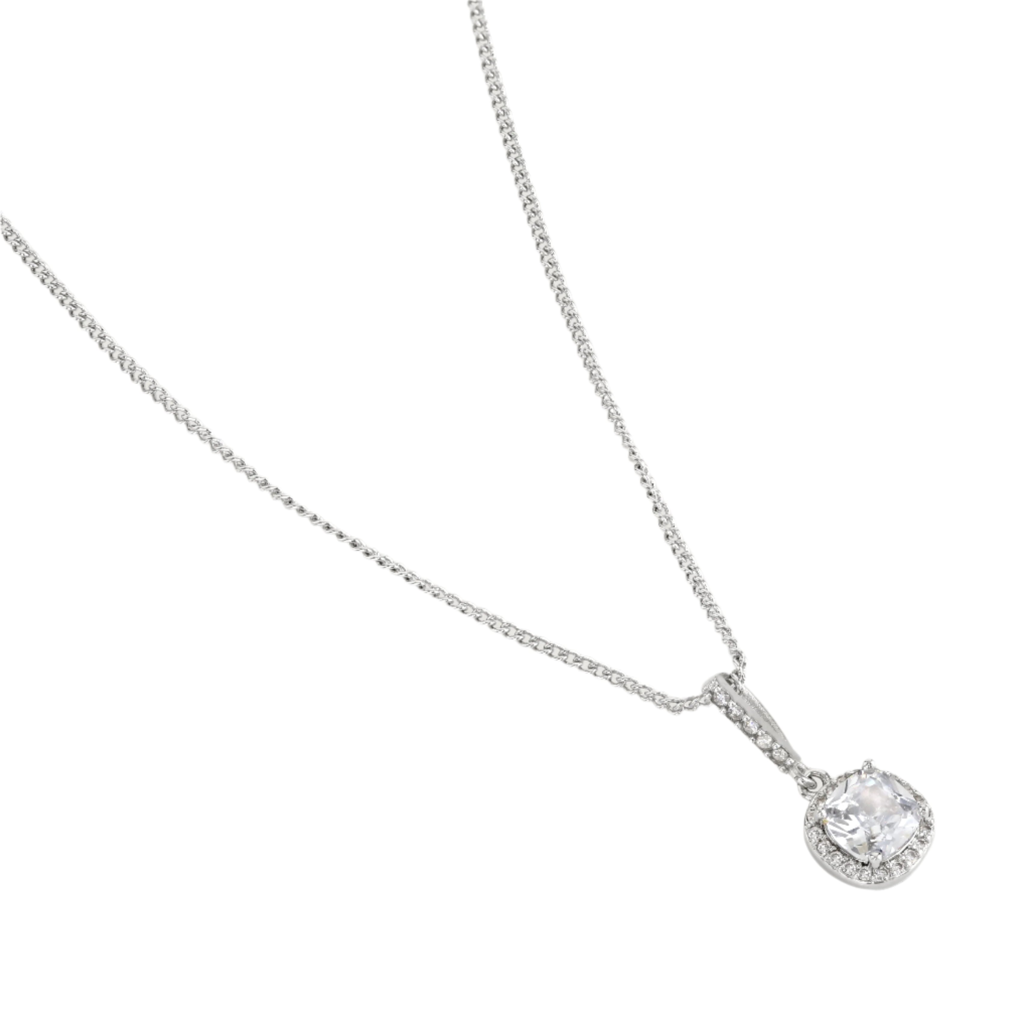 Buckley London Clear Cushion Drop Pendant Rhodium | Fashion Jewellery | Necklace | Necklace With Pendant | Women | Women Necklaces | Womens