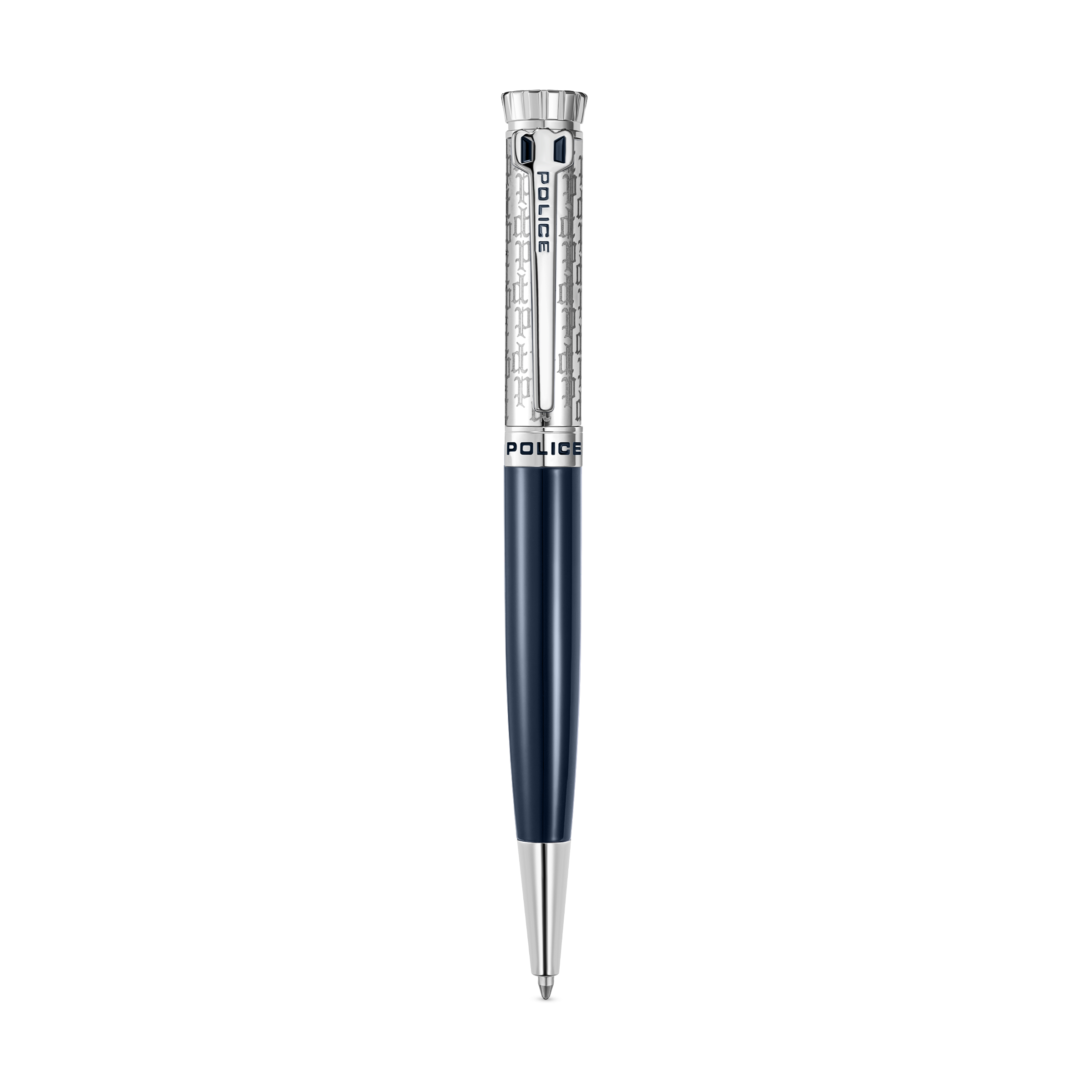 Police ballpoint pen with a navy blue barrel and silver-toned engraved cap.