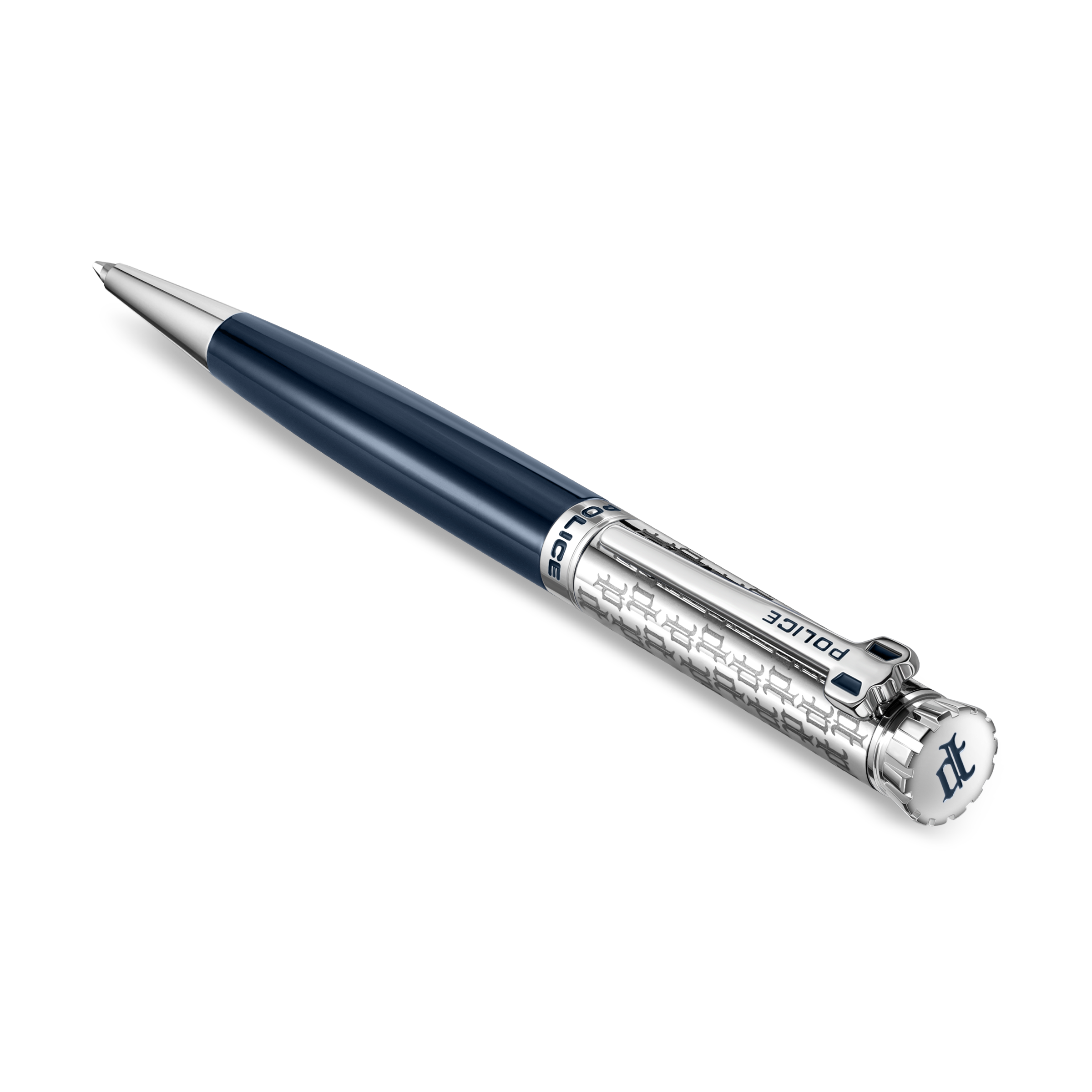 Dark blue ballpoint pen with silver-toned tip, clip, and patterned cap. 'POLICE' is engraved on the cap and clip, with a blue