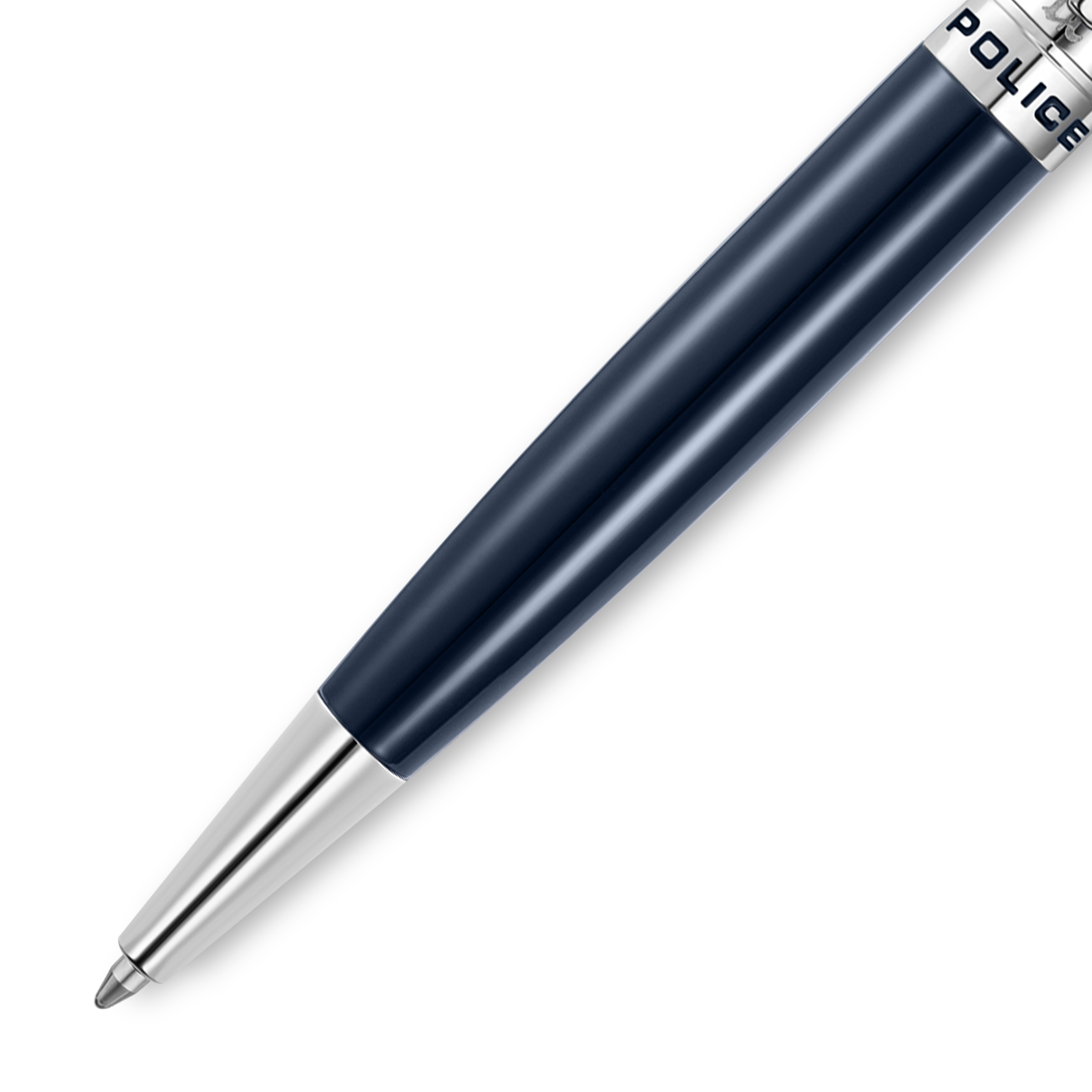 Glossy dark blue pen with silver-toned tip and band engraved with 'POLICE'.