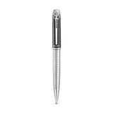 Police black enamel and silver-toned faceted texture ballpoint pen with brand logo on clip and mid-section.