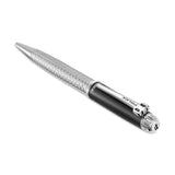 Black enamel pen with silver-toned faceted, textured upper barrel, silver-toned clip with "POLICE" text, and silver-toned tri