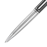 Silver-toned pen with faceted texture. Black enamel upper barrel has 'POLICE' text and a silver-toned clip. Smooth silver-ton