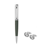 Police silver-toned pen with a dark grey textured barrel and a pair of silver-toned round cufflinks with engraved branding.
