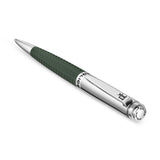 Dark green pen with a textured cross-hatch grip, silver-toned tip, clip with a stylized logo, and a silver-toned end cap with