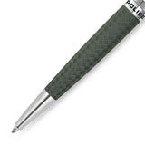 Dark olive green pen with a textured cross-hatch pattern, silver-toned tip, and a silver-toned band featuring 'POLICE' in bla