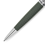 Dark grey/black ballpoint pen with a textured cross-hatch pattern barrel, silver-toned tip, and a silver-toned band with "POL