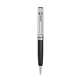 Police silver-toned textured metal and black enamel ballpoint pen with a silver-toned clip and tip.