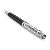 Black ballpoint pen with silver-toned tip, textured grip, clip, and cap. "POLICE" text on band and clip. Black "P" logo on ca