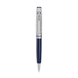 Police silver-toned and dark blue ballpoint pen with a textured upper barrel and glossy lower barrel.