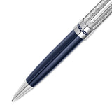 Navy blue pen with silver-toned textured upper barrel, silver-toned tip, and a band engraved with 'POLICE'.