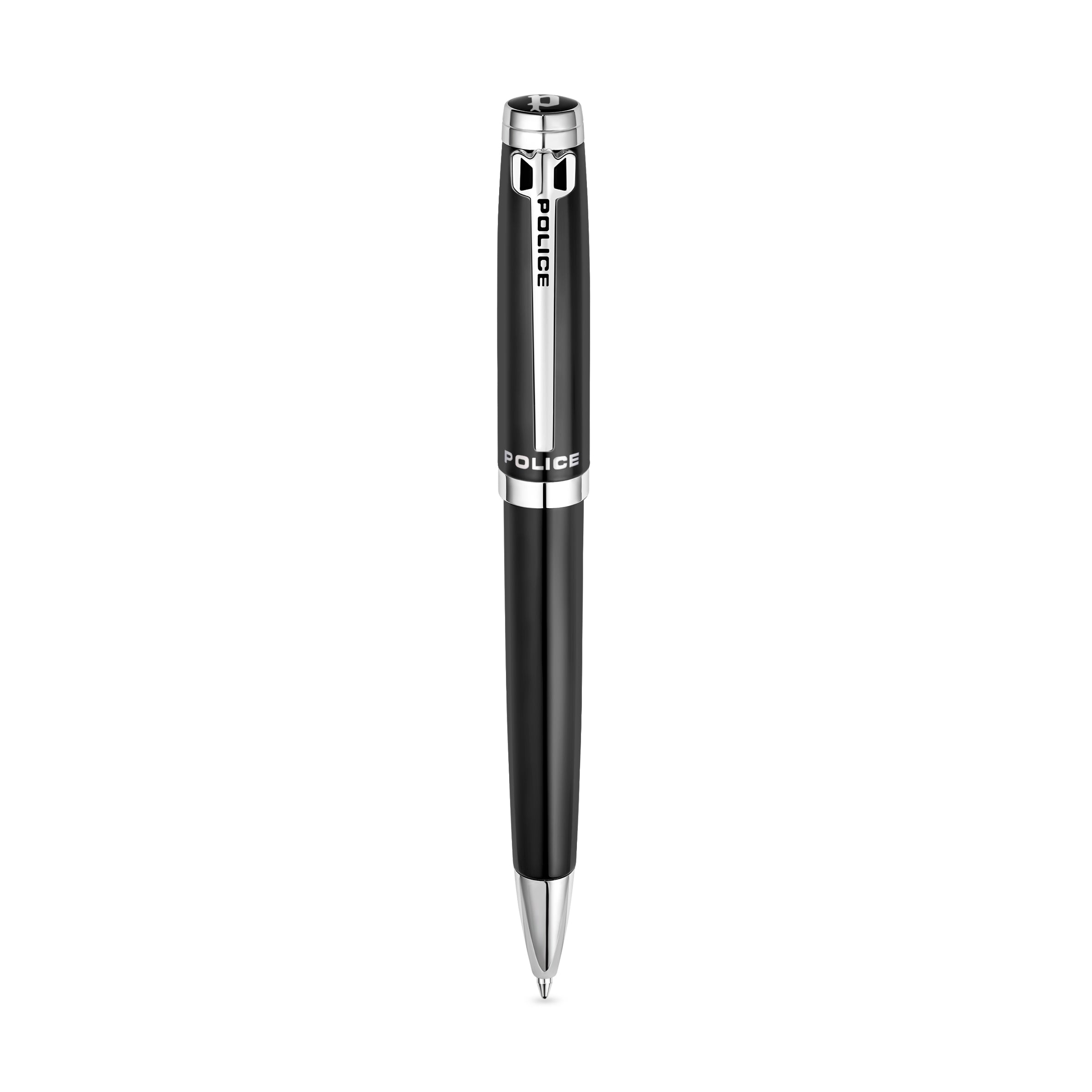 Black Police ballpoint pen with a silver-toned clip and tip, featuring the brand logo on the cap.