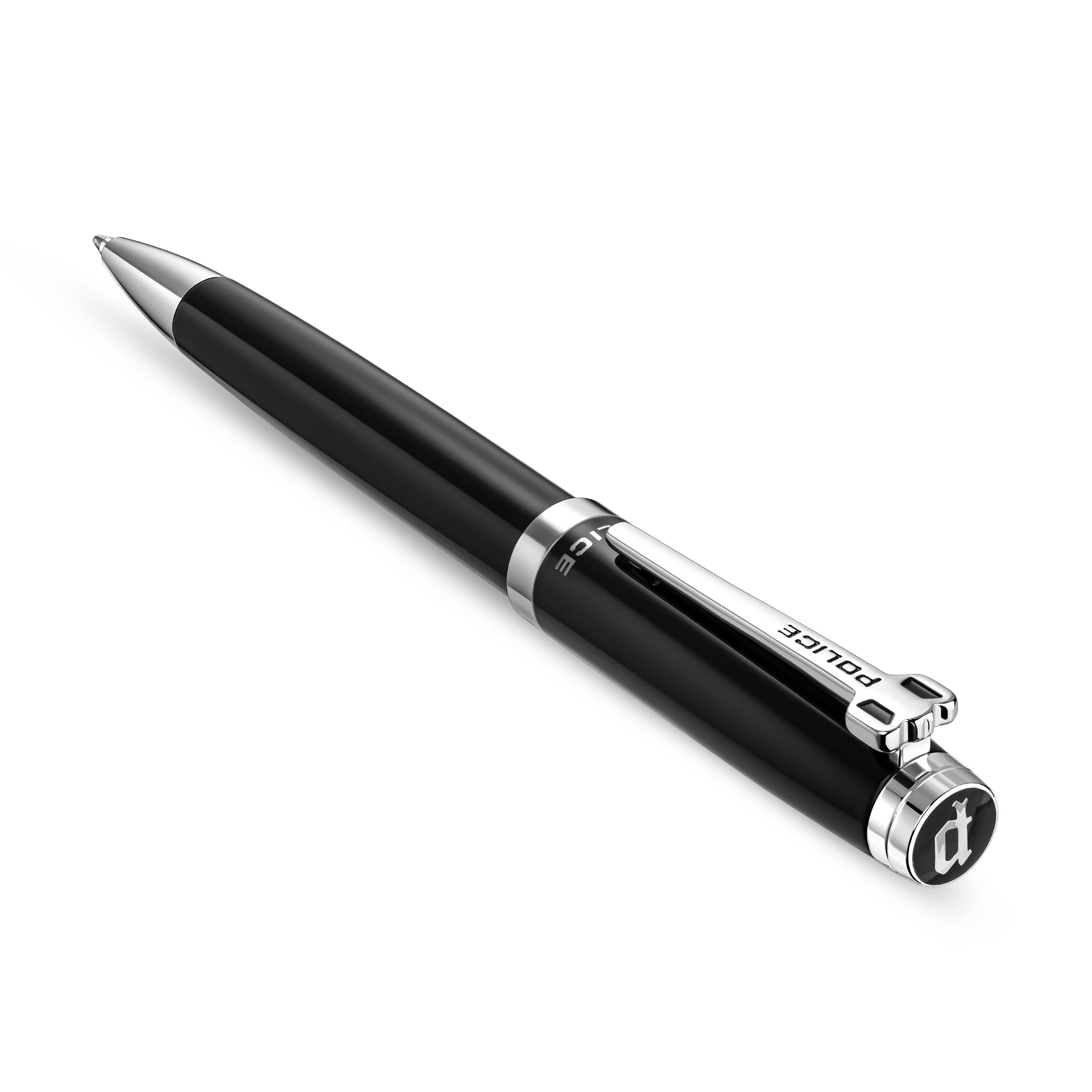 Black ballpoint pen with silver-toned tip, band, and clip. "ICE" engraved on band, "POLICE" on clip, and a "P" logo on the ca