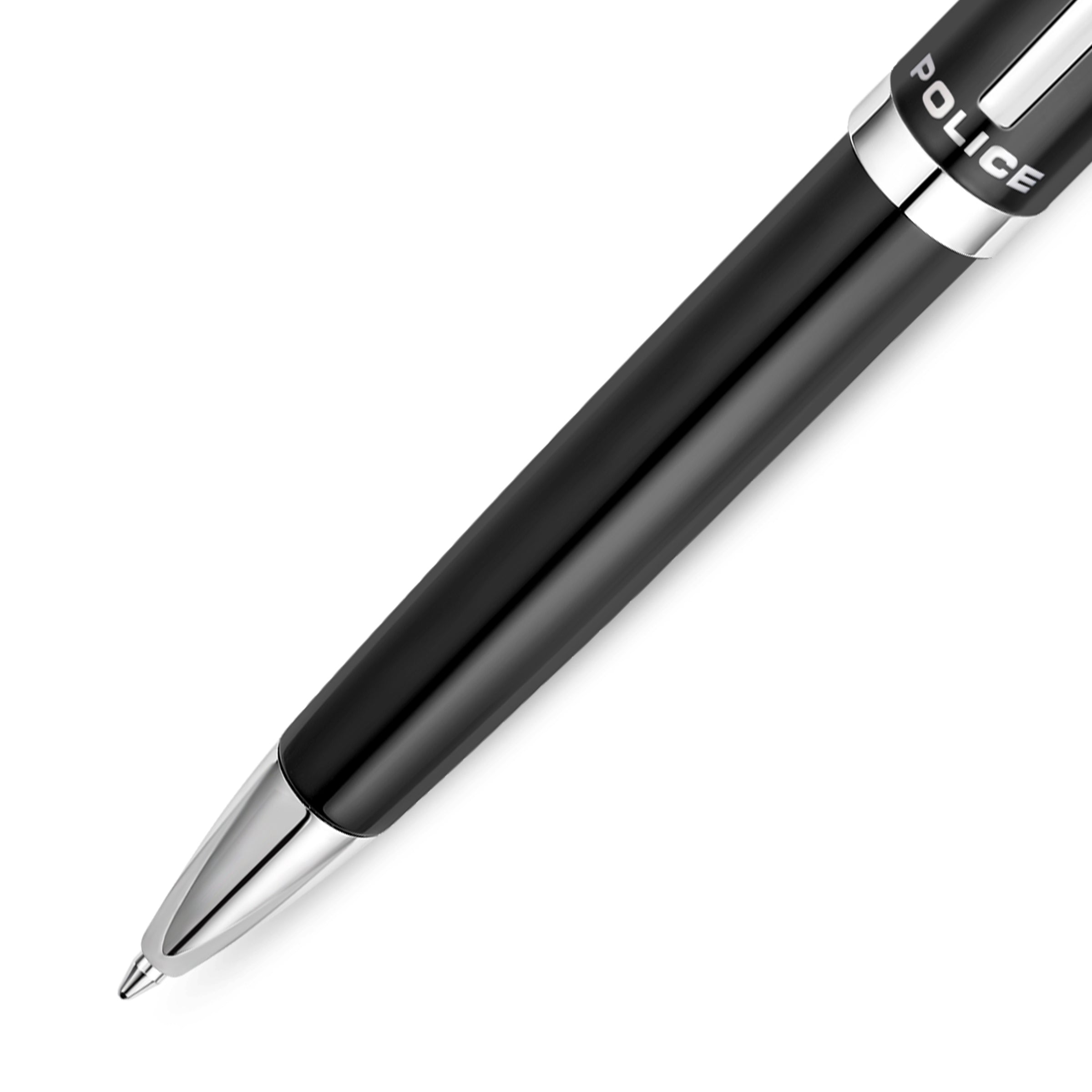 Black pen with a matte barrel, glossy upper section, and silver-toned tip. A silver-toned band near the top has "POLICE" engr