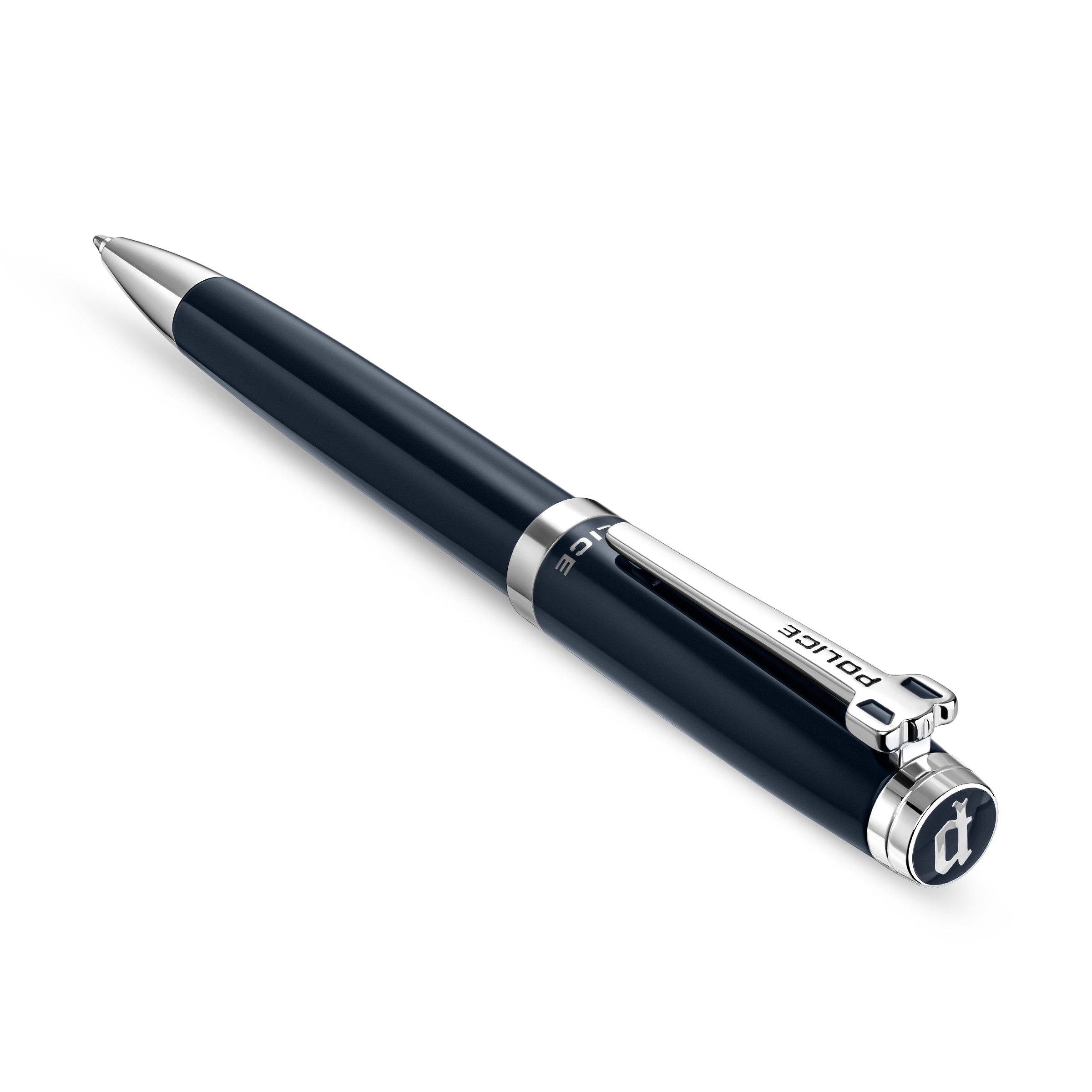 Dark blue ballpoint pen with silver-toned tip, clip engraved 'POLICE', and a 'P' logo on the cap end.