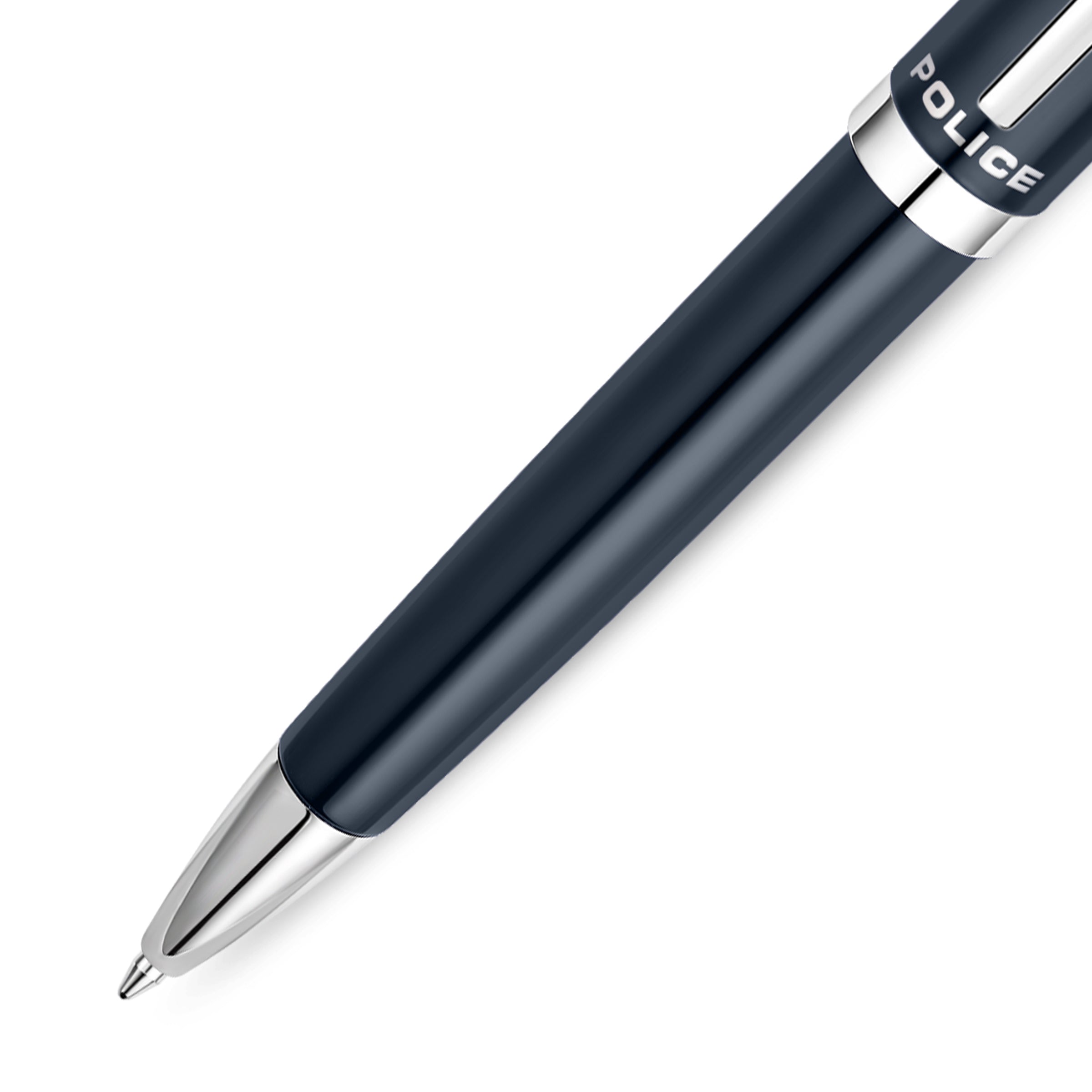 Matte dark blue ballpoint pen with silver-toned tip and a band engraved 'POLICE'.