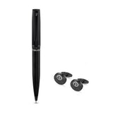 Black Police pen with a cap clip and a pair of black circular cufflinks with a 'P' logo and radial pattern.
