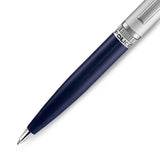 Matte navy blue ballpoint pen with a silver-toned tip, clip, and top. 'POLICE' is engraved on a silver-toned band.