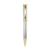 Silver-toned pen with diagonal etched lines. Features a gold-toned cap with a 'P' logo, clip, 'POLICE' band, and conical tip.