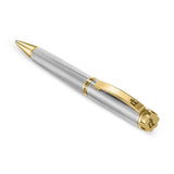 Silver-toned ridged ballpoint pen with gold-toned tip, clip, and cap end. Clip and cap end feature an emblem.