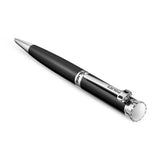 Black ballpoint pen with silver-toned tip, clip engraved 'POLICE', and a silver-toned cap end with a white circular insert.