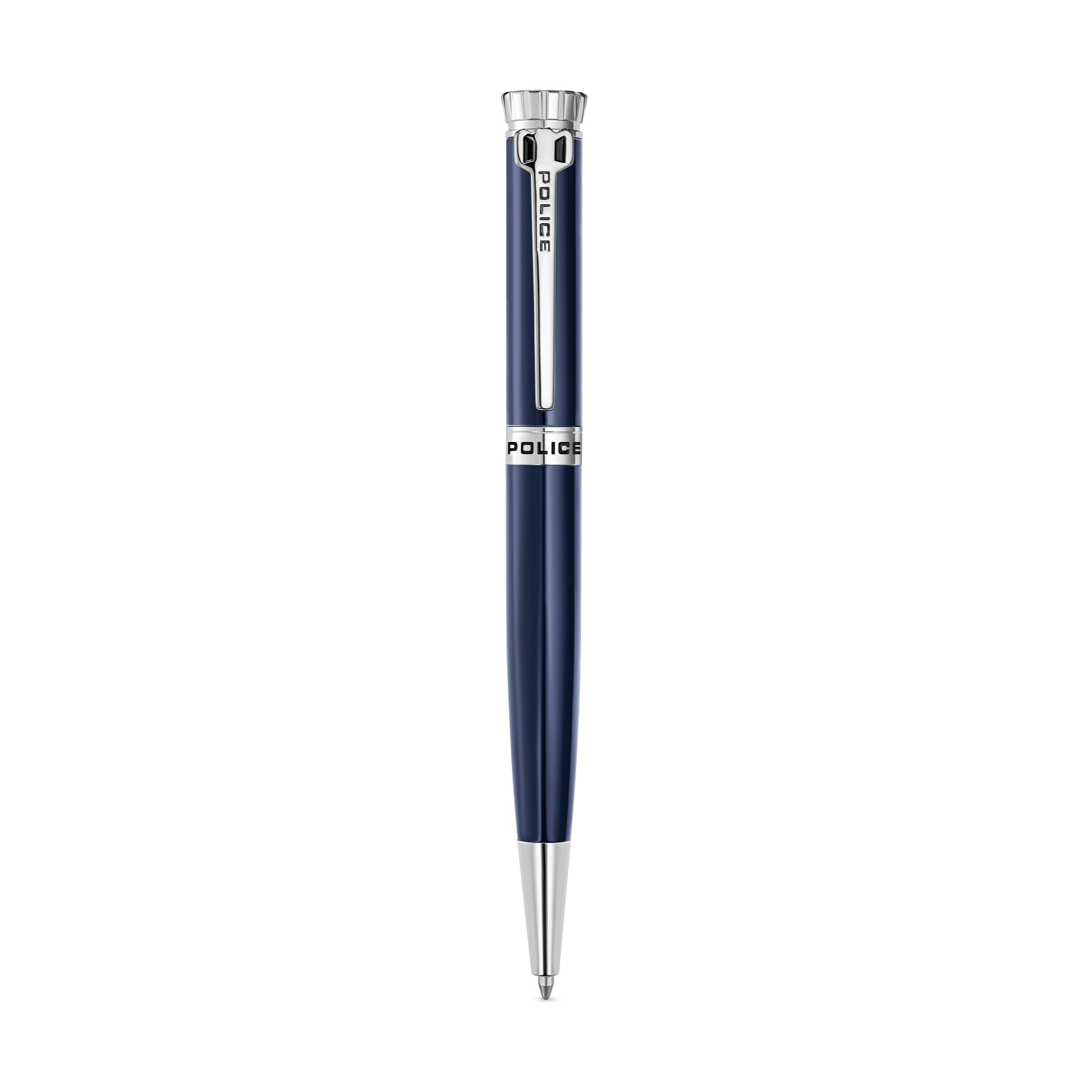 Dark blue Police Gothic ballpoint pen with silver-toned clip, tip, and fluted cap, featuring engraved brand logos.