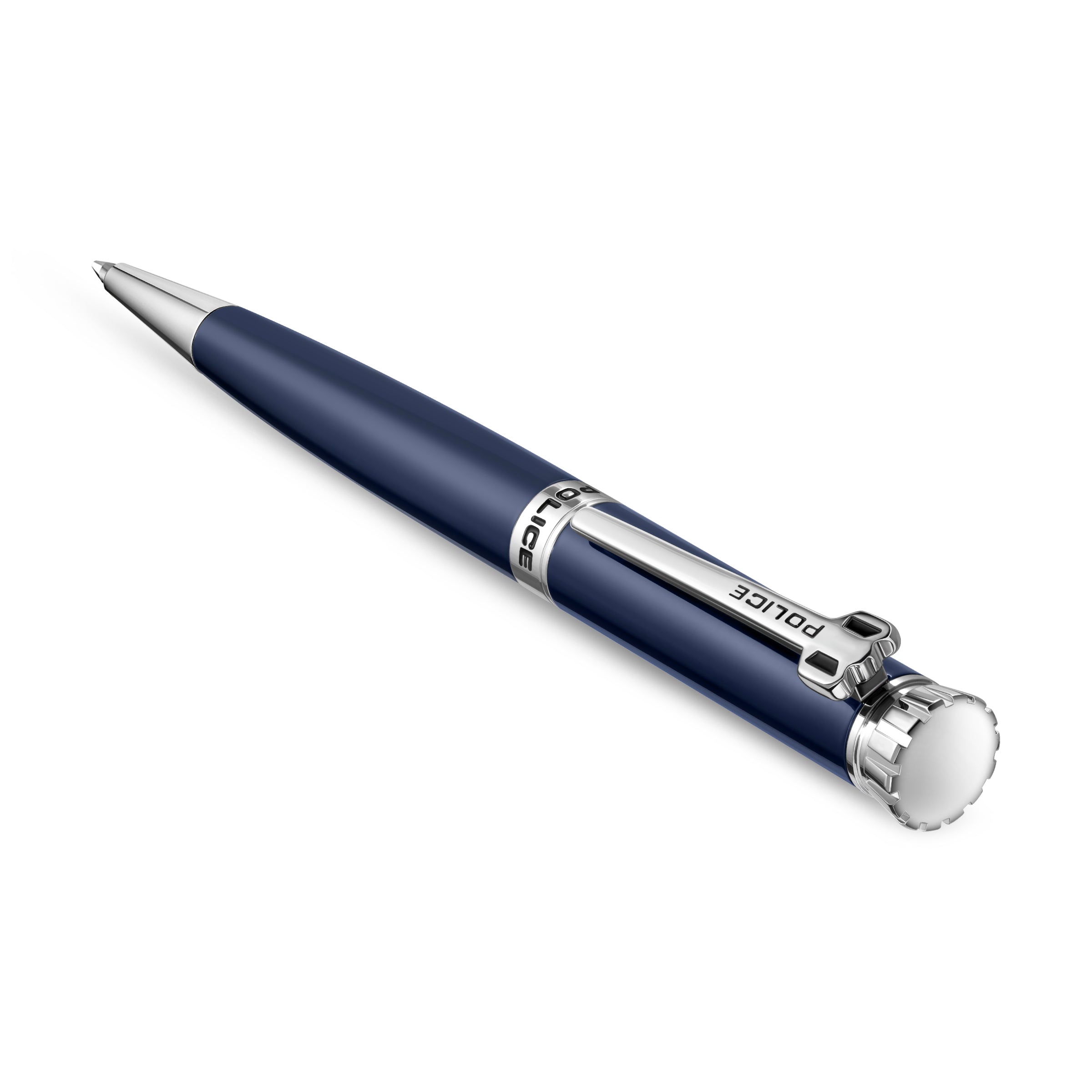 Dark blue pen with silver-toned tip, band, and wrench-shaped clip engraved 'POLICE'. Ridged silver-toned cap with white top.