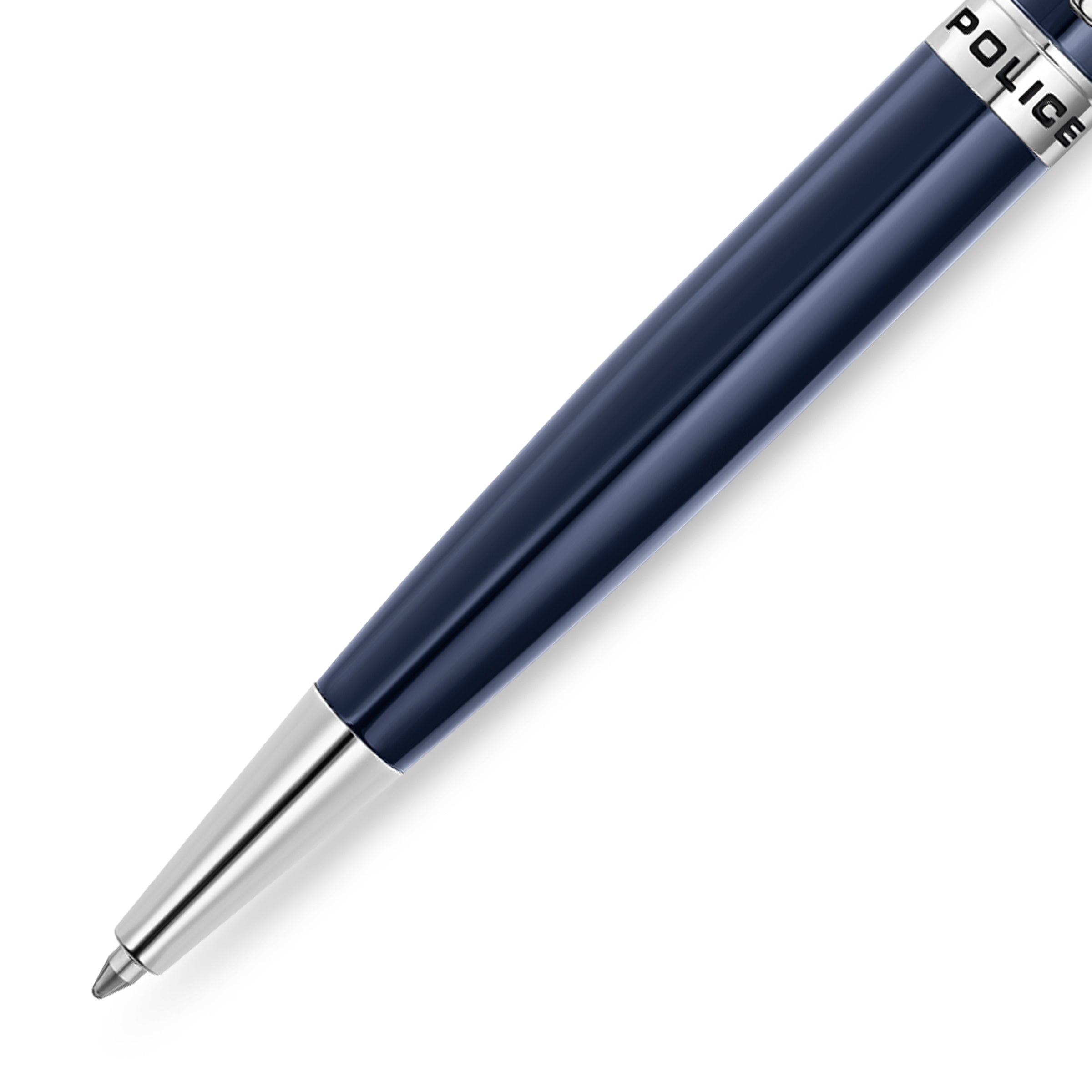 Dark blue ballpoint pen with a glossy finish, silver-toned tip, and a silver-toned band featuring "POLICE" text.