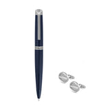 Dark blue ribbed pen with silver-toned clip and tip, alongside two silver-toned circular cufflinks with textured faces and 'P