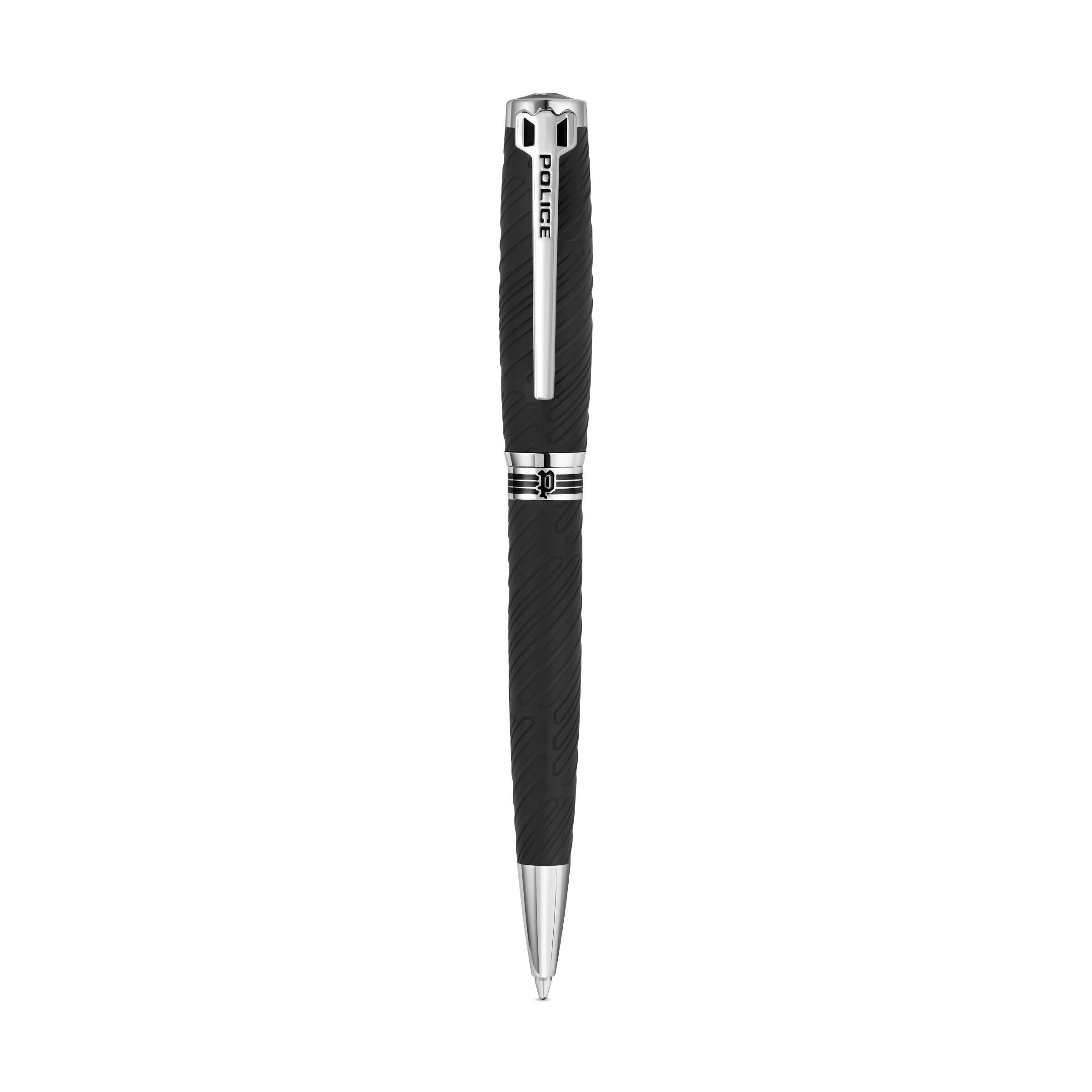 Black Police pen with textured barrel, silver-toned clip engraved with "POLICE", and silver-toned conical tip.