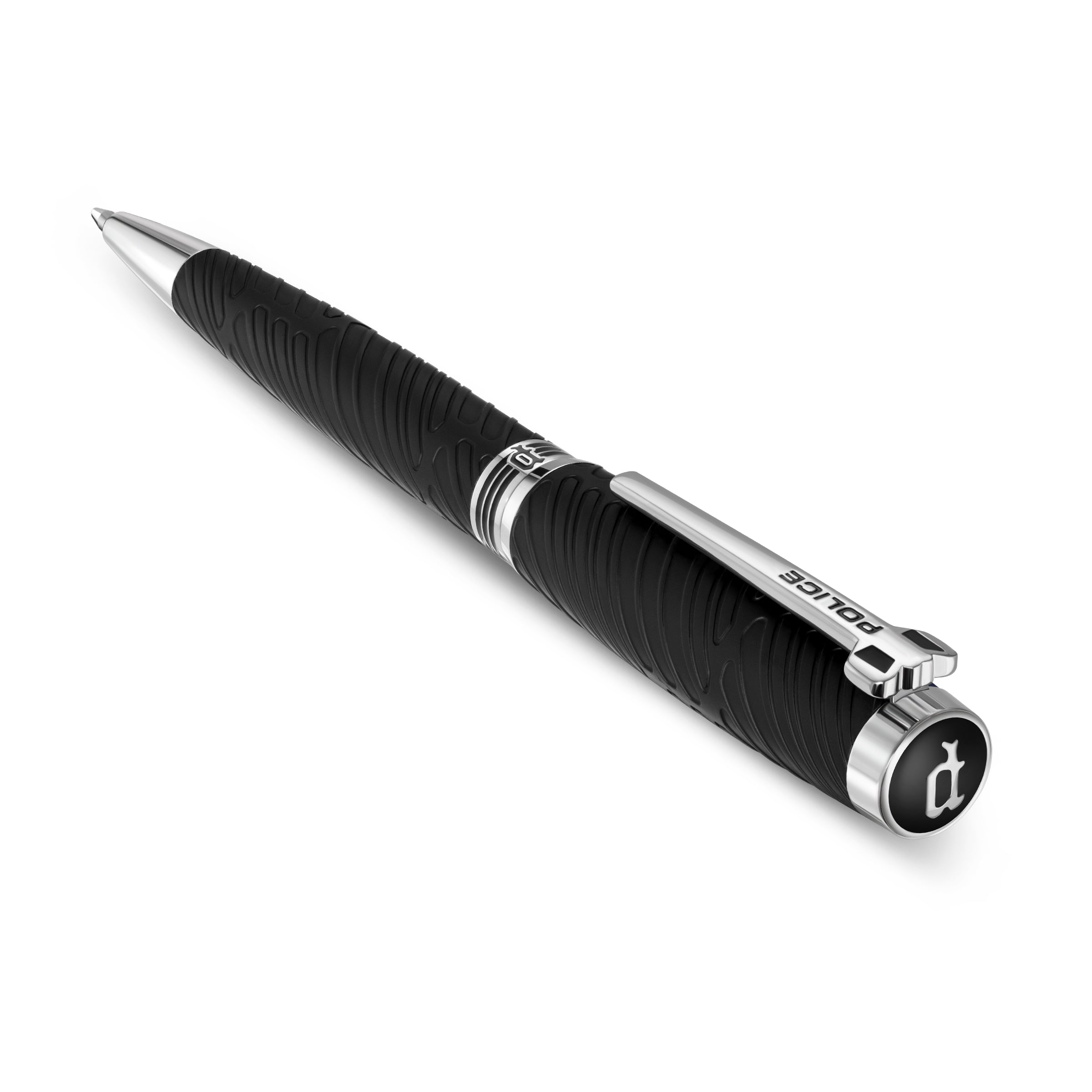 Black pen with textured wing-like pattern, silver-toned tip, clip, and trim. "POLICE" engraved on clip, "P" logo on cap.