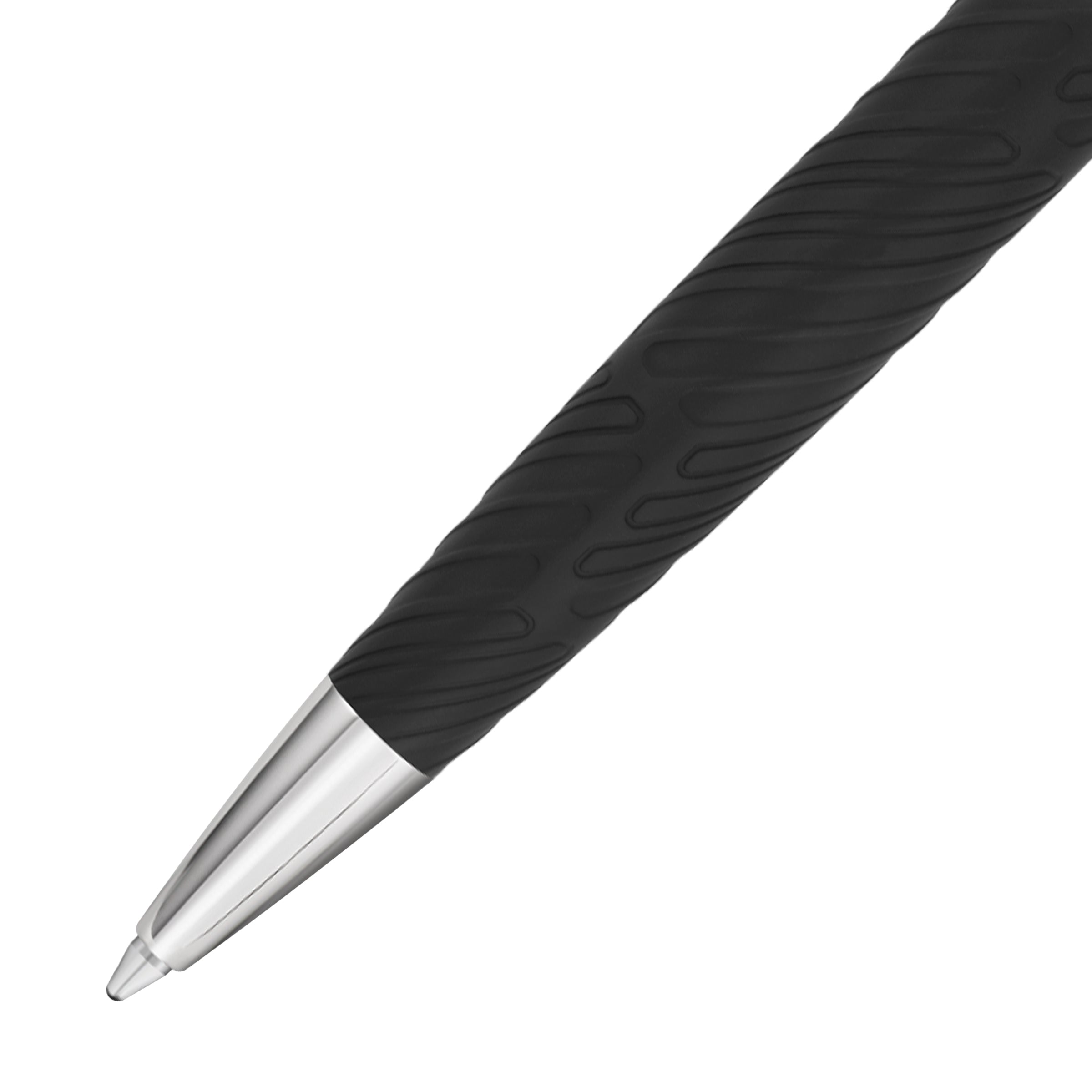 Black pen with a textured, wing-patterned body and a silver-toned conical tip.