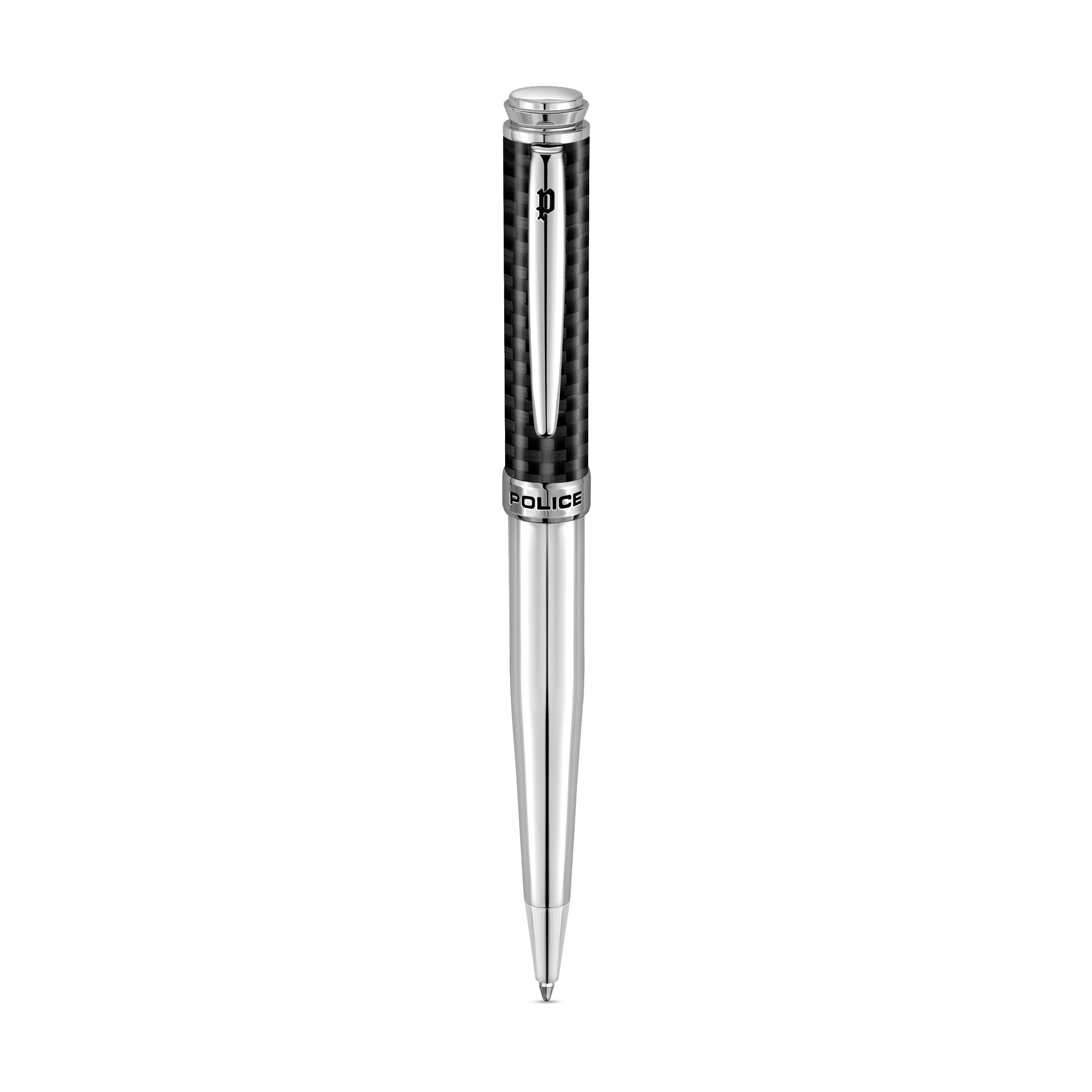 Black and silver-toned Police ballpoint pen with a textured carbon fibre-look upper barrel and polished lower barrel.