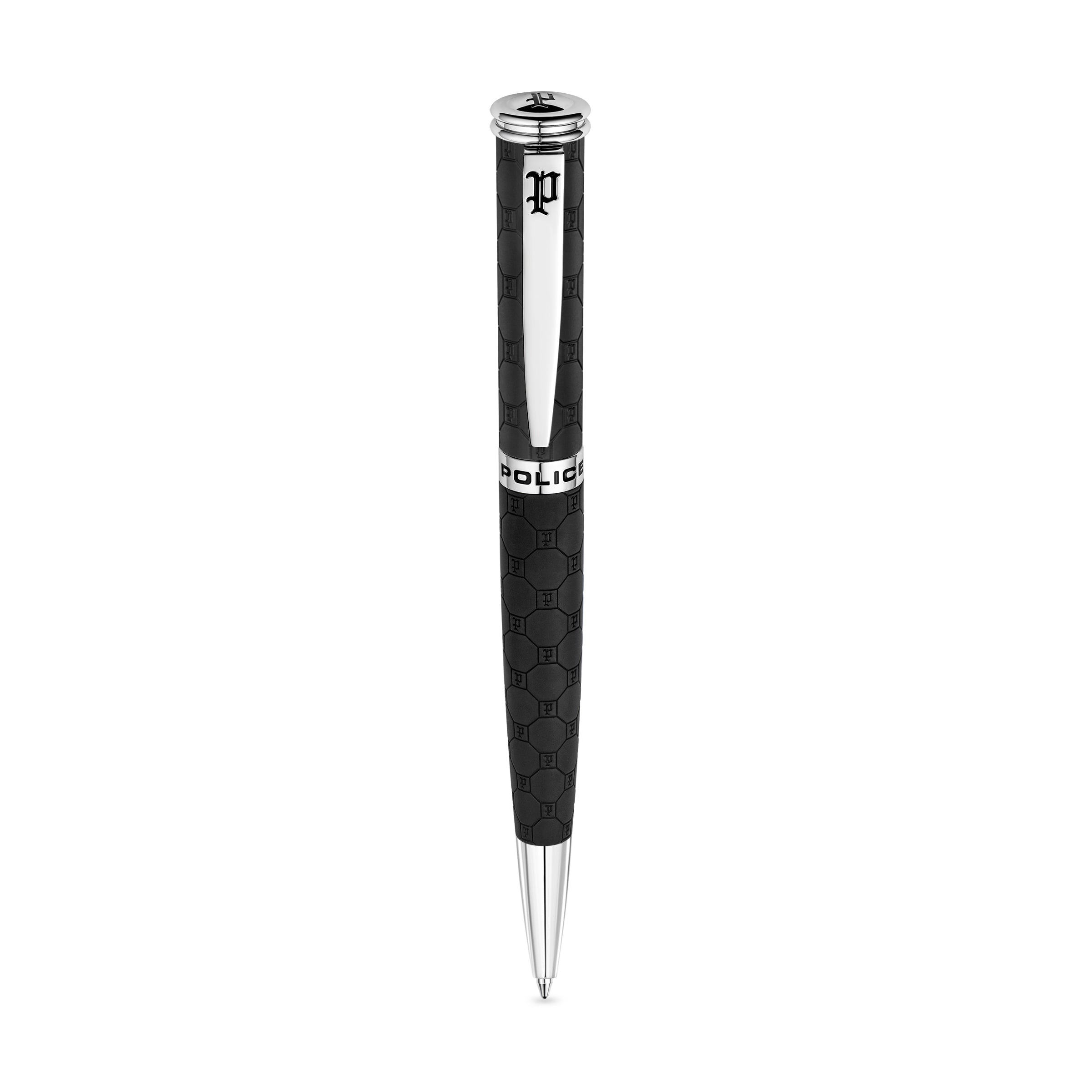 Black Police ballpoint pen with a repeating monogram pattern on the barrel and a silver-toned clip and tip.