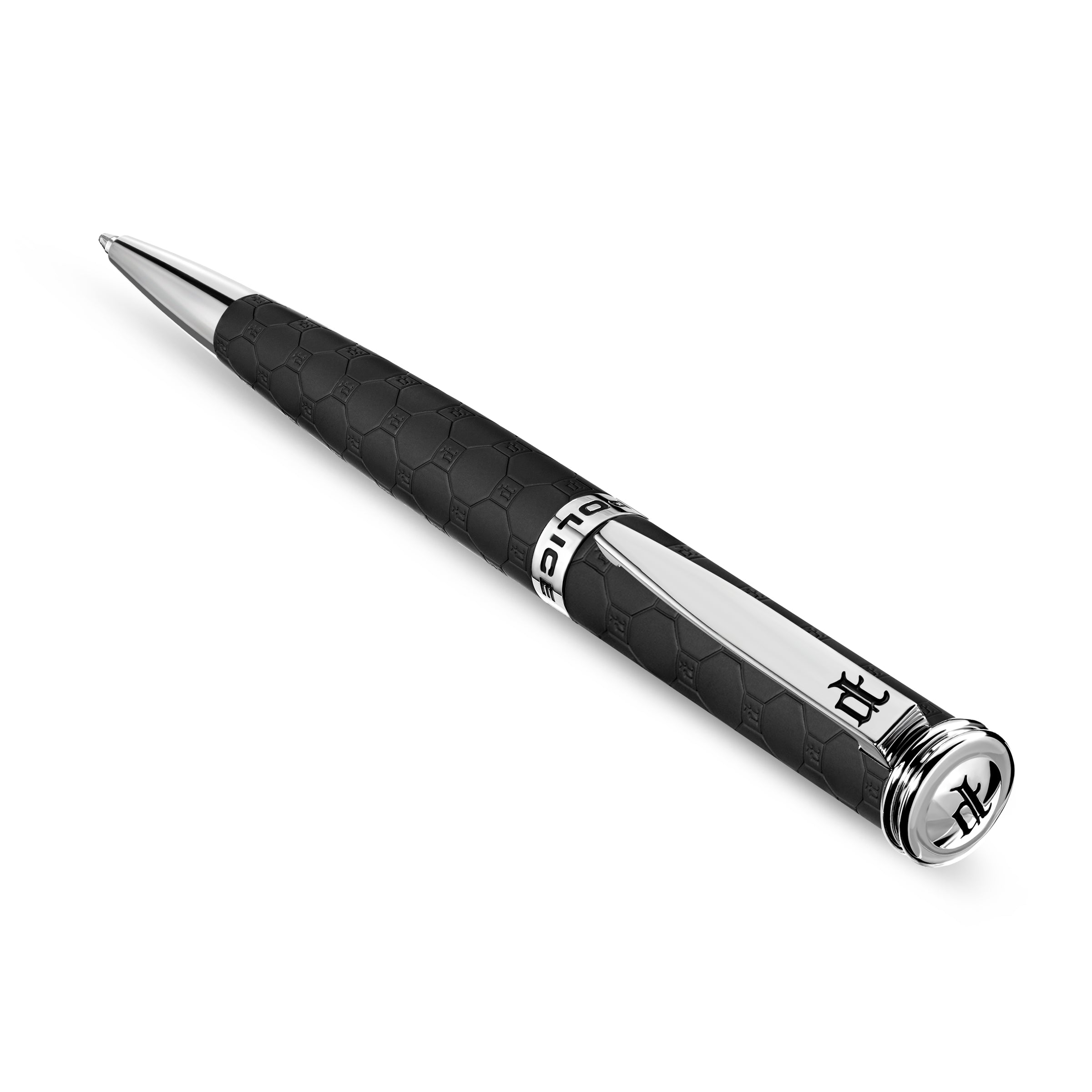 Black ballpoint pen with textured geometric pattern body, silver-toned tip, band with 'POLICE' text, clip, and logo on clip a