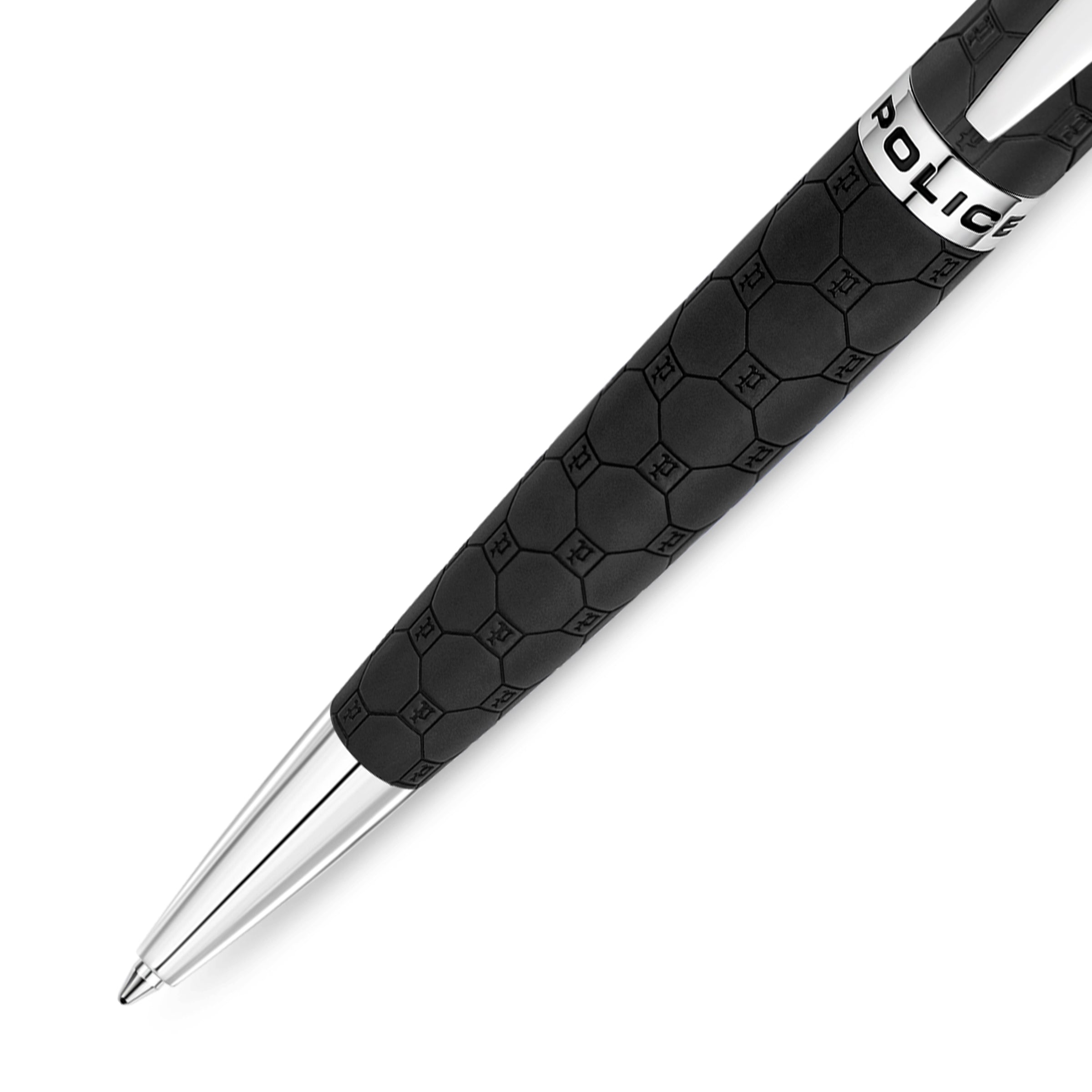 Black ballpoint pen with a hexagonal 'P' logo pattern, silver-toned tip, and 'POLICE' engraved on a silver-toned band.