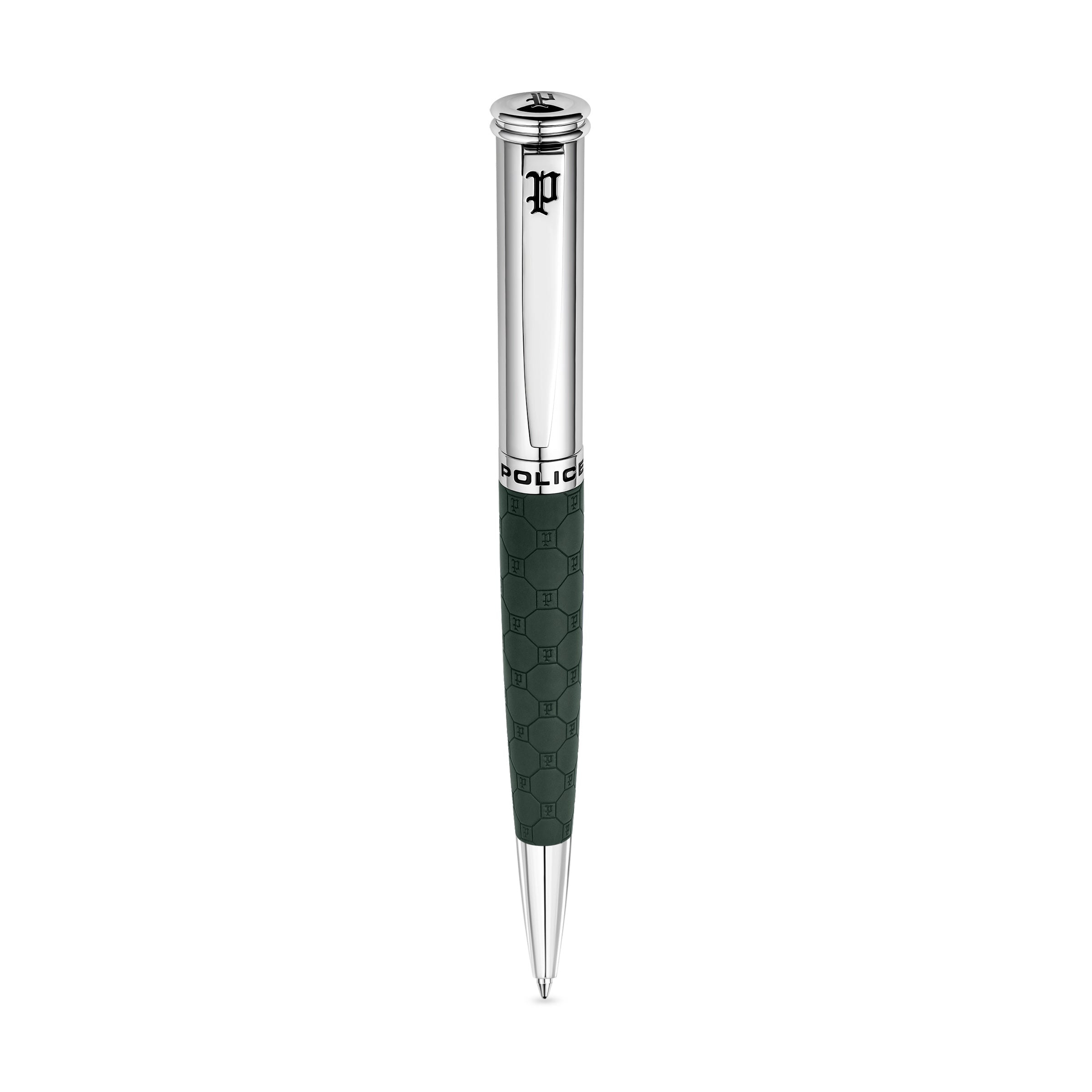 Police ballpoint pen with a silver-toned metallic upper barrel and a dark olive green lower barrel featuring a subtle monogra