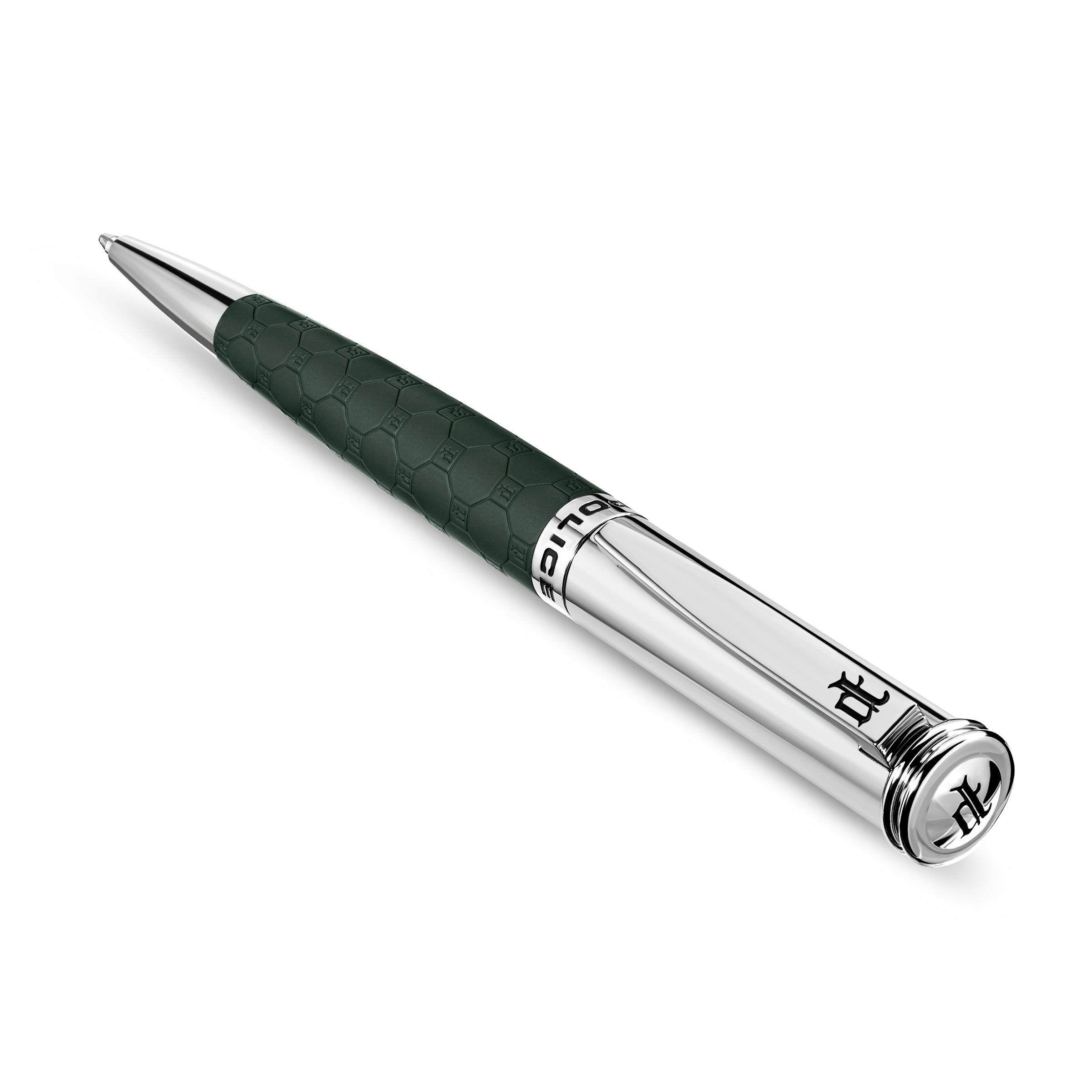 Silver-toned ballpoint pen with a dark green textured grip featuring a repeating logo pattern. 'POLICE' text and logo details