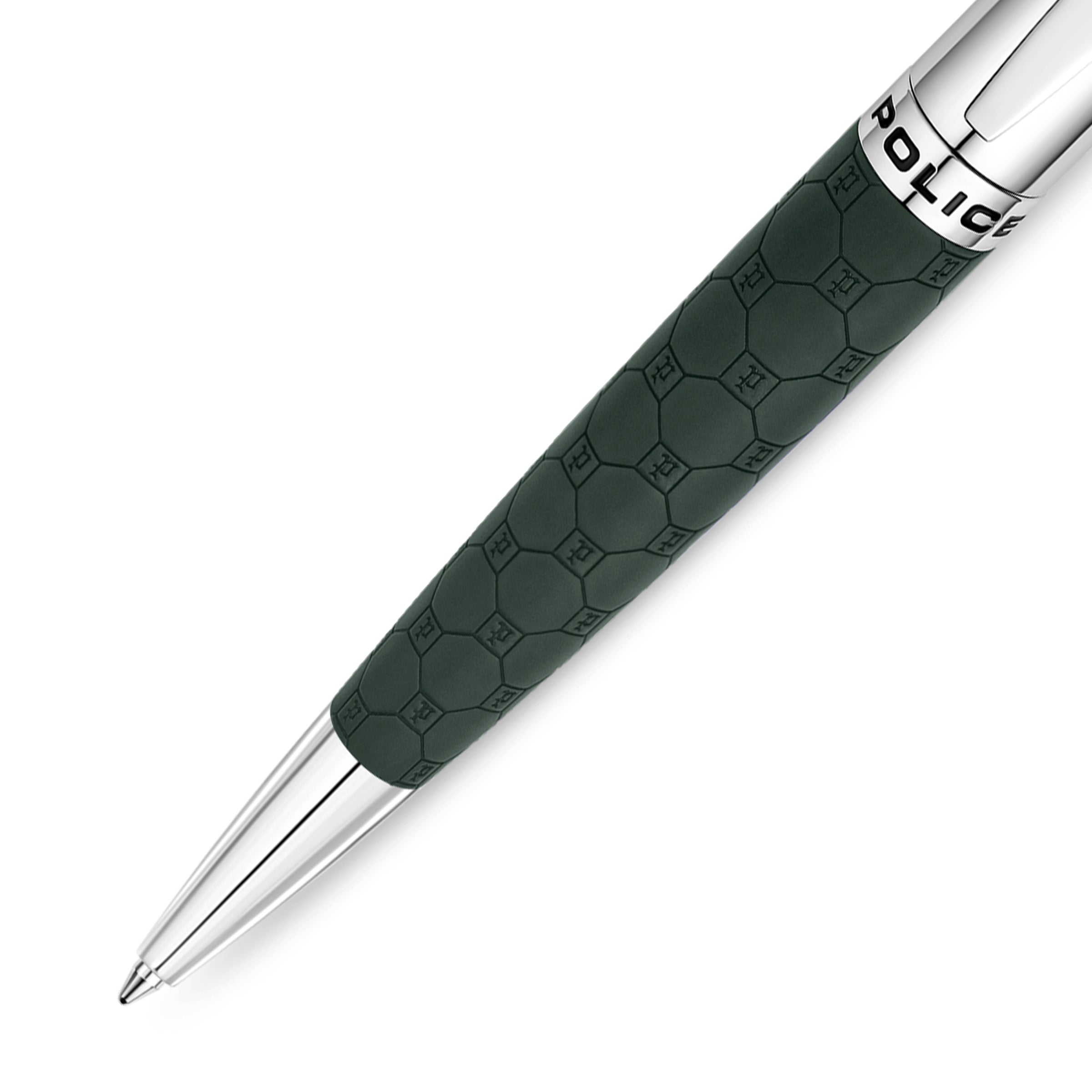 Olive green pen with silver-toned tip and top. Dark green body has a hexagonal monogram pattern. 'POLICE' on silver band.