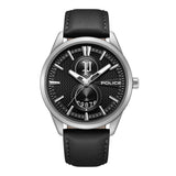 Police men's watch with a silver-toned stainless steel case, black textured dial, and black leather strap.