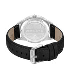 Back view of a silver-toned watch with a black leather strap and silver-toned buckle. The case back has a radial pattern and