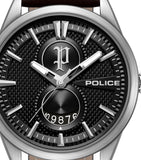Silver-toned stainless steel watch with a black textured dial, silver-toned markers, hands, and a sub-dial with numbers. Brow