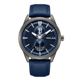 Police men's watch with dark grey-toned case, blue patterned dial, silver-toned markers, and a blue leather strap.