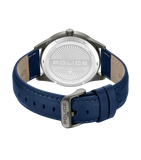 Dark grey-toned watch with a silver-toned stainless steel back, a blue leather strap with visible stitching, and a dark grey-