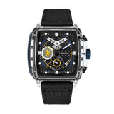 Clear square TR90 case watch with black and blue dial, yellow accents, and a black woven strap. Blue crown.