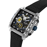 Rectangular clear watch with a black and blue multi-dial face, yellow accents, white hands, blue crown, and black woven strap