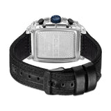 Clear rectangular watch, back view. Silver-toned engraved case back, blue crown, black pushers, black textured strap, and bla