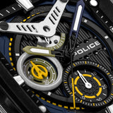 Black watch with textured black and blue dial, yellow markers, silver-toned accents, multiple sub-dials, and olive green indi